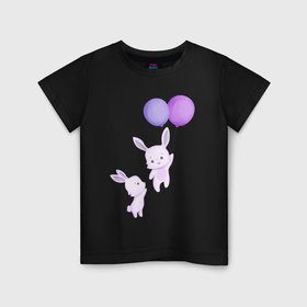 Детская футболка хлопок с принтом Милые крольчата с воздушными шарами в Екатеринбурге, 100% хлопок | круглый вырез горловины, полуприлегающий силуэт, длина до линии бедер | 
