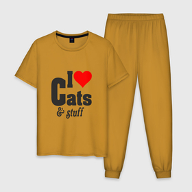 Мужская пижама хлопок с принтом Love cats and stuff в Тюмени, 100% хлопок | брюки и футболка прямого кроя, без карманов, на брюках мягкая резинка на поясе и по низу штанин
 | 