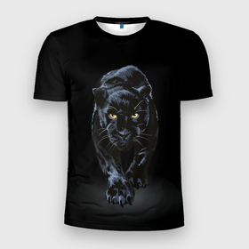 Мужская футболка 3D Slim с принтом Черная пантера   хищница в Новосибирске, 100% полиэстер с улучшенными характеристиками | приталенный силуэт, круглая горловина, широкие плечи, сужается к линии бедра | Тематика изображения на принте: 