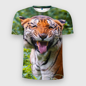 Мужская футболка 3D Slim с принтом Смешной тигр в Кировске, 100% полиэстер с улучшенными характеристиками | приталенный силуэт, круглая горловина, широкие плечи, сужается к линии бедра | 