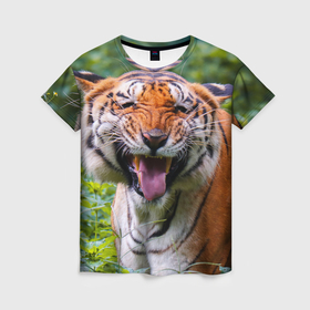 Женская футболка 3D с принтом Смешной тигр в Кировске, 100% полиэфир ( синтетическое хлопкоподобное полотно) | прямой крой, круглый вырез горловины, длина до линии бедер | 