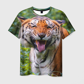 Мужская футболка 3D с принтом Смешной тигр в Петрозаводске, 100% полиэфир | прямой крой, круглый вырез горловины, длина до линии бедер | 