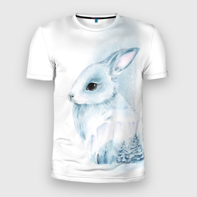 Мужская футболка 3D Slim с принтом Милый кролик в акварельной технике в Новосибирске, 100% полиэстер с улучшенными характеристиками | приталенный силуэт, круглая горловина, широкие плечи, сужается к линии бедра | 