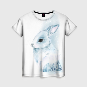 Женская футболка 3D с принтом Милый кролик в акварельной технике в Екатеринбурге, 100% полиэфир ( синтетическое хлопкоподобное полотно) | прямой крой, круглый вырез горловины, длина до линии бедер | 