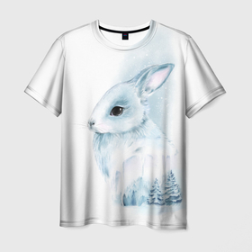 Мужская футболка 3D с принтом Милый кролик в акварельной технике в Белгороде, 100% полиэфир | прямой крой, круглый вырез горловины, длина до линии бедер | Тематика изображения на принте: 