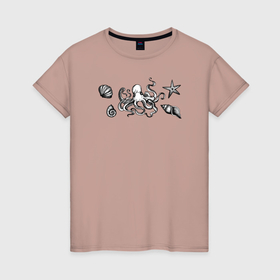 Женская футболка хлопок с принтом Octopus and shell в Екатеринбурге, 100% хлопок | прямой крой, круглый вырез горловины, длина до линии бедер, слегка спущенное плечо | 