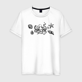 Мужская футболка хлопок с принтом Octopus and shell в Екатеринбурге, 100% хлопок | прямой крой, круглый вырез горловины, длина до линии бедер, слегка спущенное плечо. | 
