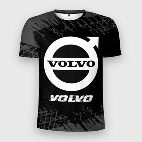 Мужская футболка 3D Slim с принтом Volvo speed на темном фоне со следами шин в Тюмени, 100% полиэстер с улучшенными характеристиками | приталенный силуэт, круглая горловина, широкие плечи, сужается к линии бедра | Тематика изображения на принте: 