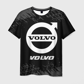 Мужская футболка 3D с принтом Volvo speed на темном фоне со следами шин в Тюмени, 100% полиэфир | прямой крой, круглый вырез горловины, длина до линии бедер | Тематика изображения на принте: 