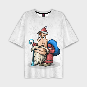Мужская футболка OVERSIZE 3D с принтом Дед Мороз спешит с подарками на фоне снежинок в Екатеринбурге,  |  | 