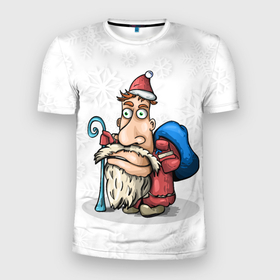 Мужская футболка 3D Slim с принтом Дед Мороз спешит с подарками на фоне снежинок в Екатеринбурге, 100% полиэстер с улучшенными характеристиками | приталенный силуэт, круглая горловина, широкие плечи, сужается к линии бедра | Тематика изображения на принте: 