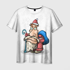 Мужская футболка 3D с принтом Дед Мороз спешит с подарками на фоне снежинок , 100% полиэфир | прямой крой, круглый вырез горловины, длина до линии бедер | 