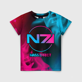 Детская футболка 3D с принтом Mass Effect   neon gradient в Санкт-Петербурге, 100% гипоаллергенный полиэфир | прямой крой, круглый вырез горловины, длина до линии бедер, чуть спущенное плечо, ткань немного тянется | 