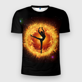 Мужская футболка 3D Slim с принтом Танец балерины в огненном шаре в Кировске, 100% полиэстер с улучшенными характеристиками | приталенный силуэт, круглая горловина, широкие плечи, сужается к линии бедра | 