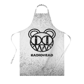 Фартук 3D с принтом Radiohead с потертостями на светлом фоне в Тюмени, 100% полиэстер | общий размер — 65 х 85 см, ширина нагрудника — 26 см, горловина — 53 см, длина завязок — 54 см, общий обхват в поясе — 173 см. Принт на завязках и на горловине наносится с двух сторон, на основной части фартука — только с внешней стороны | 