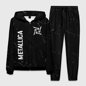 Мужской костюм 3D с принтом Metallica glitch на темном фоне: надпись, символ в Тюмени, 100% полиэстер | Манжеты и пояс оформлены тканевой резинкой, двухслойный капюшон со шнурком для регулировки, карманы спереди | 