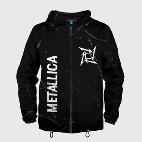 Мужская ветровка 3D с принтом Metallica glitch на темном фоне: надпись, символ в Тюмени, 100% полиэстер | подол и капюшон оформлены резинкой с фиксаторами, два кармана без застежек по бокам, один потайной карман на груди | 