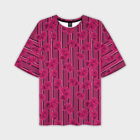 Мужская футболка OVERSIZE 3D с принтом Малиновый полосатый узор с цветами анемонов в Петрозаводске,  |  | Тематика изображения на принте: 