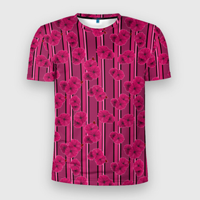 Мужская футболка 3D Slim с принтом Малиновый полосатый узор с цветами анемонов в Петрозаводске, 100% полиэстер с улучшенными характеристиками | приталенный силуэт, круглая горловина, широкие плечи, сужается к линии бедра | Тематика изображения на принте: 