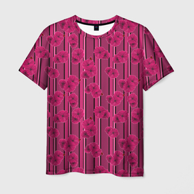Мужская футболка 3D с принтом Малиновый полосатый узор с цветами анемонов в Тюмени, 100% полиэфир | прямой крой, круглый вырез горловины, длина до линии бедер | 