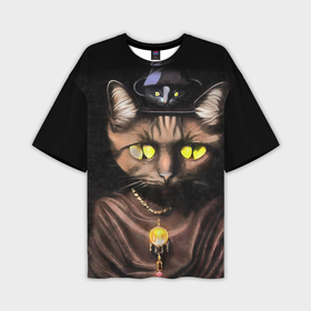 Мужская футболка OVERSIZE 3D с принтом Черная кошка ведьма с милой мышкой на голове и желтым янтарным кулоном в Кировске,  |  | 