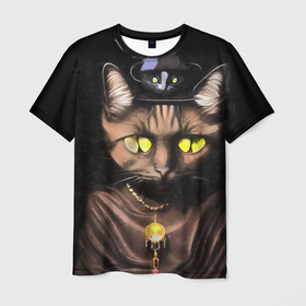 Мужская футболка 3D с принтом Черная кошка ведьма с милой мышкой на голове и желтым янтарным кулоном в Санкт-Петербурге, 100% полиэфир | прямой крой, круглый вырез горловины, длина до линии бедер | Тематика изображения на принте: 