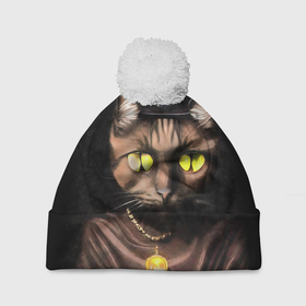 Шапка 3D c помпоном с принтом Черная кошка ведьма с милой мышкой на голове и желтым янтарным кулоном в Санкт-Петербурге, 100% полиэстер | универсальный размер, печать по всей поверхности изделия | Тематика изображения на принте: 