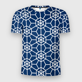 Мужская футболка 3D Slim с принтом Синий узорчатый паттерн в Санкт-Петербурге, 100% полиэстер с улучшенными характеристиками | приталенный силуэт, круглая горловина, широкие плечи, сужается к линии бедра | 