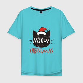 Мужская футболка хлопок Oversize с принтом Meow   Christmas в Санкт-Петербурге, 100% хлопок | свободный крой, круглый ворот, “спинка” длиннее передней части | 