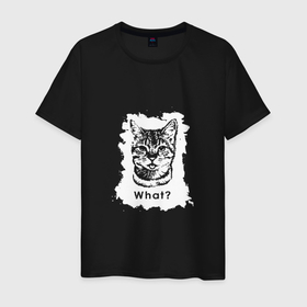 Мужская футболка хлопок с принтом Cat   What в Санкт-Петербурге, 100% хлопок | прямой крой, круглый вырез горловины, длина до линии бедер, слегка спущенное плечо. | 