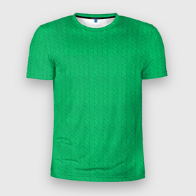 Мужская футболка 3D Slim с принтом Зеленый вязаный свитер в Новосибирске, 100% полиэстер с улучшенными характеристиками | приталенный силуэт, круглая горловина, широкие плечи, сужается к линии бедра | 