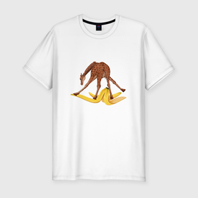 Мужская футболка хлопок Slim с принтом Жираф скользит на банановой кожуре в Тюмени, 92% хлопок, 8% лайкра | приталенный силуэт, круглый вырез ворота, длина до линии бедра, короткий рукав | 
