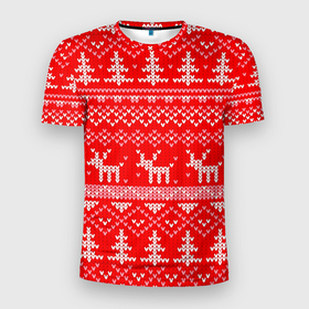 Мужская футболка 3D Slim с принтом Рождественский красный свитер с оленями , 100% полиэстер с улучшенными характеристиками | приталенный силуэт, круглая горловина, широкие плечи, сужается к линии бедра | 