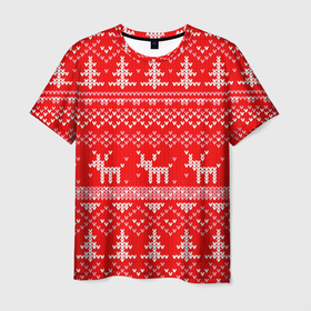 Мужская футболка 3D с принтом Рождественский красный свитер с оленями в Курске, 100% полиэфир | прямой крой, круглый вырез горловины, длина до линии бедер | 