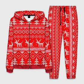 Мужской костюм 3D с принтом Рождественский красный свитер с оленями в Санкт-Петербурге, 100% полиэстер | Манжеты и пояс оформлены тканевой резинкой, двухслойный капюшон со шнурком для регулировки, карманы спереди | 