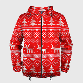 Мужская ветровка 3D с принтом Рождественский красный свитер с оленями в Екатеринбурге, 100% полиэстер | подол и капюшон оформлены резинкой с фиксаторами, два кармана без застежек по бокам, один потайной карман на груди | 