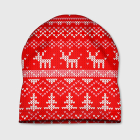 Шапка 3D с принтом Рождественский красный свитер с оленями в Кировске, 100% полиэстер | универсальный размер, печать по всей поверхности изделия | 