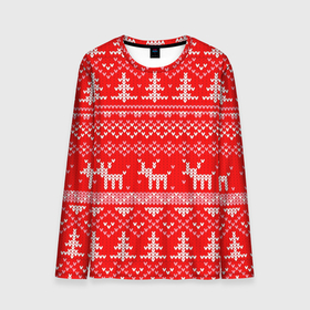 Мужской лонгслив 3D с принтом Рождественский красный свитер с оленями в Екатеринбурге, 100% полиэстер | длинные рукава, круглый вырез горловины, полуприлегающий силуэт | 