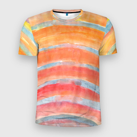 Мужская футболка 3D Slim с принтом Оранжевые полосы акварель в Новосибирске, 100% полиэстер с улучшенными характеристиками | приталенный силуэт, круглая горловина, широкие плечи, сужается к линии бедра | 