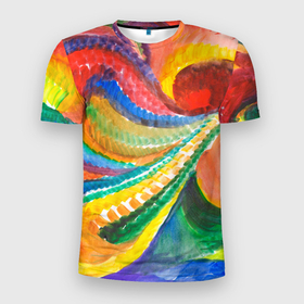 Мужская футболка 3D Slim с принтом Райская птичка акварельная абстракция в Екатеринбурге, 100% полиэстер с улучшенными характеристиками | приталенный силуэт, круглая горловина, широкие плечи, сужается к линии бедра | 