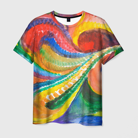 Мужская футболка 3D с принтом Райская птичка акварельная абстракция , 100% полиэфир | прямой крой, круглый вырез горловины, длина до линии бедер | 