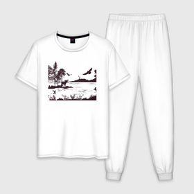 Мужская пижама хлопок с принтом Пейзаж Лось на острове в Санкт-Петербурге, 100% хлопок | брюки и футболка прямого кроя, без карманов, на брюках мягкая резинка на поясе и по низу штанин
 | Тематика изображения на принте: 