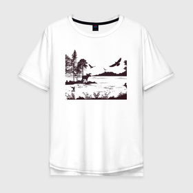 Мужская футболка хлопок Oversize с принтом Пейзаж Лось на острове в Санкт-Петербурге, 100% хлопок | свободный крой, круглый ворот, “спинка” длиннее передней части | Тематика изображения на принте: 