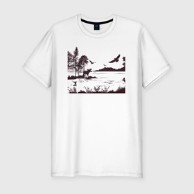 Мужская футболка хлопок Slim с принтом Пейзаж Лось на острове в Санкт-Петербурге, 92% хлопок, 8% лайкра | приталенный силуэт, круглый вырез ворота, длина до линии бедра, короткий рукав | Тематика изображения на принте: 