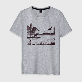 Мужская футболка хлопок с принтом Пейзаж Лось на острове в Кировске, 100% хлопок | прямой крой, круглый вырез горловины, длина до линии бедер, слегка спущенное плечо. | 