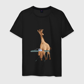 Мужская футболка хлопок с принтом Жираф гладит утюгом одежду в Петрозаводске, 100% хлопок | прямой крой, круглый вырез горловины, длина до линии бедер, слегка спущенное плечо. | 