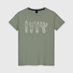 Женская футболка хлопок с принтом Кактусы в горшочках в Кировске, 100% хлопок | прямой крой, круглый вырез горловины, длина до линии бедер, слегка спущенное плечо | 