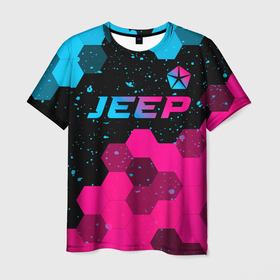Мужская футболка 3D с принтом Jeep   neon gradient: символ сверху в Санкт-Петербурге, 100% полиэфир | прямой крой, круглый вырез горловины, длина до линии бедер | Тематика изображения на принте: 