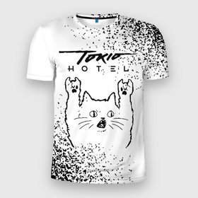 Мужская футболка 3D Slim с принтом Tokio Hotel рок кот на светлом фоне в Курске, 100% полиэстер с улучшенными характеристиками | приталенный силуэт, круглая горловина, широкие плечи, сужается к линии бедра | 