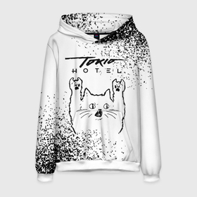 Мужская толстовка 3D с принтом Tokio Hotel рок кот на светлом фоне в Белгороде, 100% полиэстер | двухслойный капюшон со шнурком для регулировки, мягкие манжеты на рукавах и по низу толстовки, спереди карман-кенгуру с мягким внутренним слоем. | Тематика изображения на принте: 